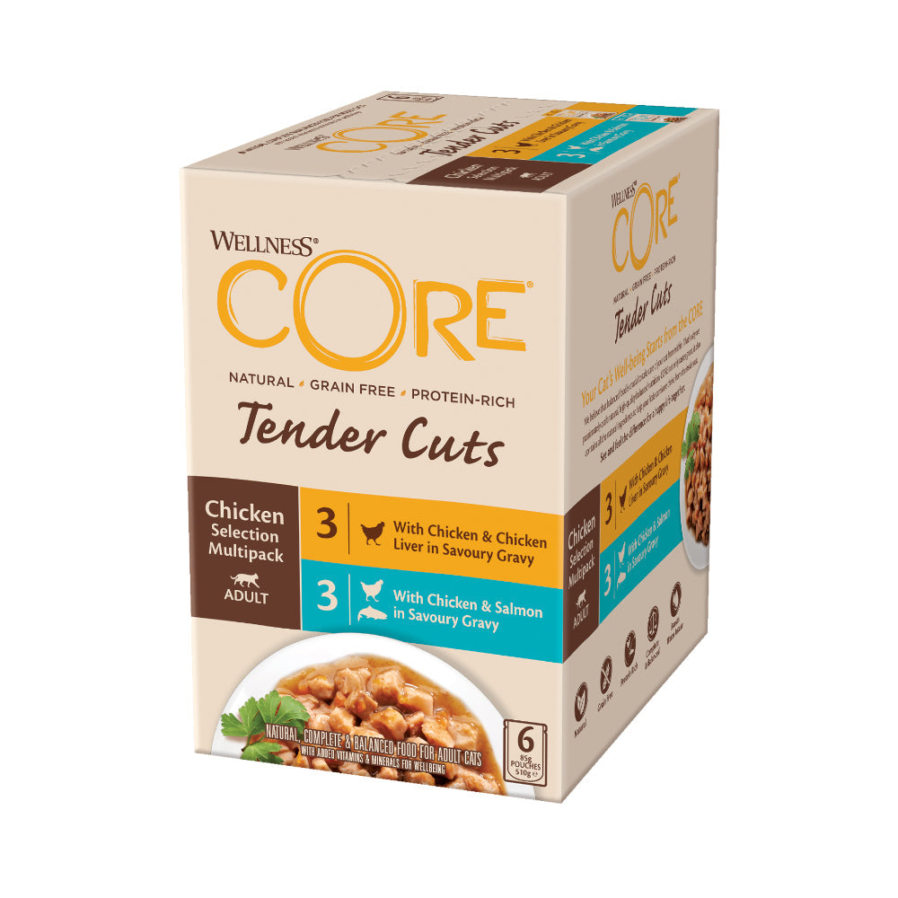 ويلنس كور تندر طعام رطب للقطط البالغة بنكهة الدجاج وكبد الدجاج مع الدجاج والسالمون في المرق 85*6غ