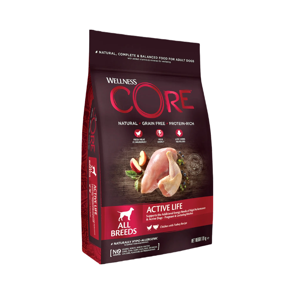 ويلنس كور اكتيف لايف طعام جاف للكلاب البالغة جميع السلالات بنكهة الدجاج والديك الرومي