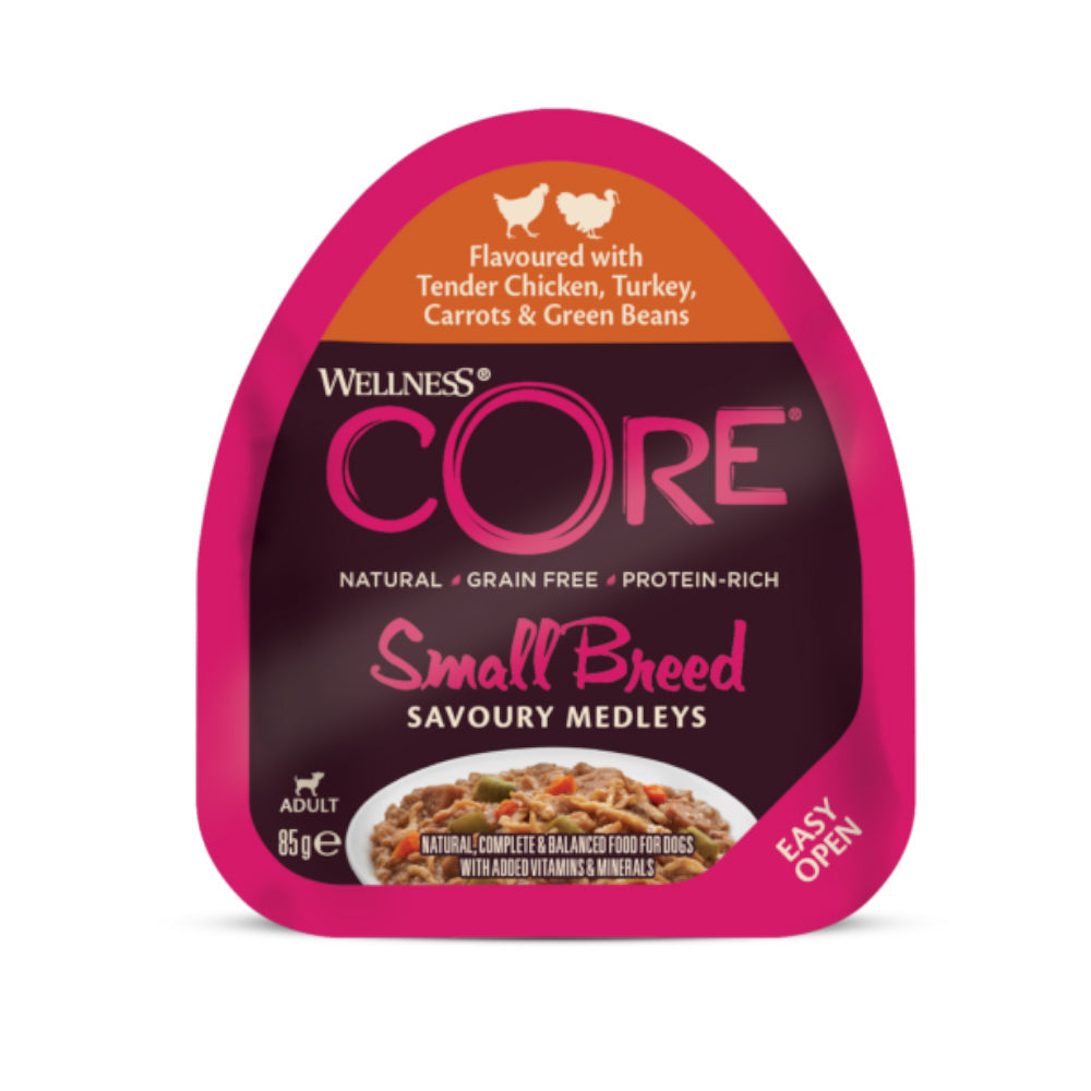 ويلنس كور طعام رطب للكلاب البالغة من السلالات الصغيرة بنكهة الدجاج والديك الرومي مع الجزر والفاصوليا الخضراء 85غ