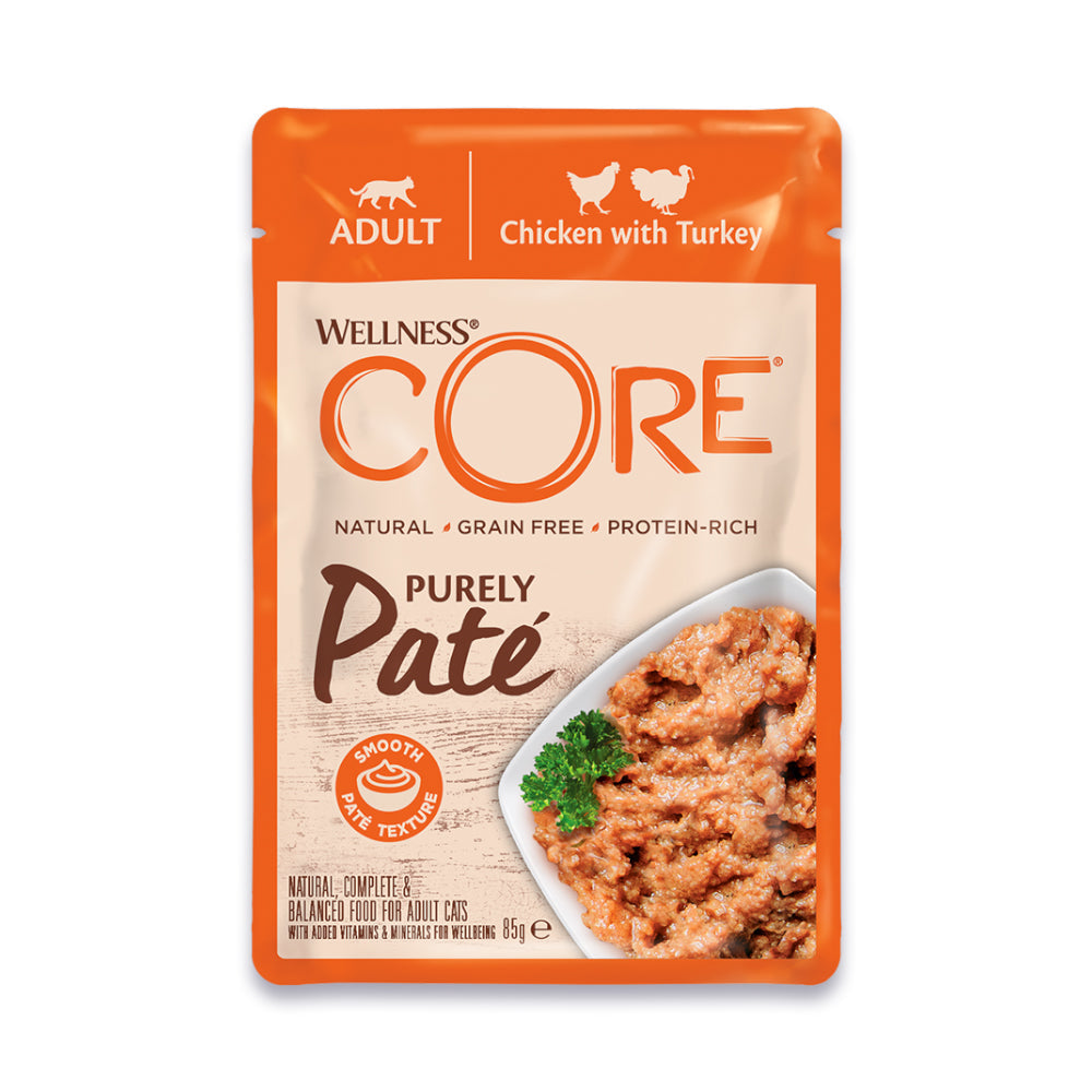 ويلنس كور باتيه طعام رطب للقطط البالغة بنكهة الدجاج والديك الرومي 85غ