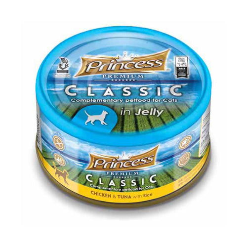 برينسيس بريميوم كلاسيك طعام رطب للقطط بنكهة الدجاج والتونة مع الارز في الجيلي 170غ
