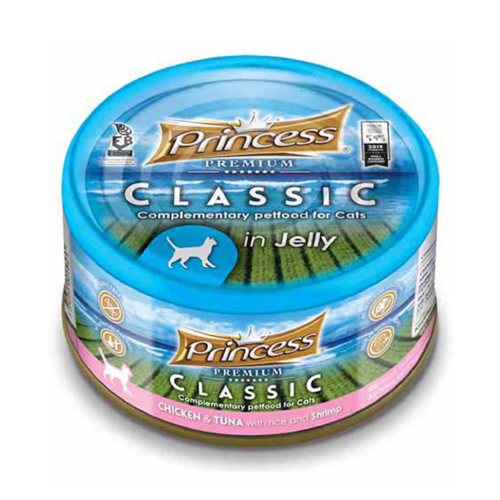 برينسيس بريميوم كلاسيك طعام رطب للقطط بنكهة الدجاج والتونة مع الارز والروبيان في الجيلي 170غ